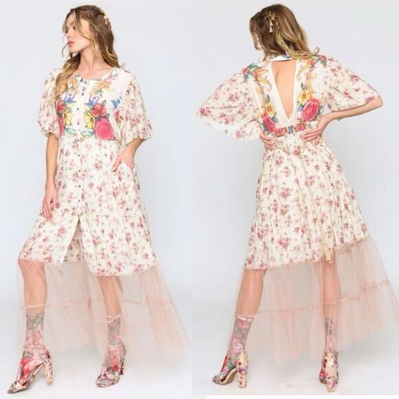 Aratta Dresses & Skirts - NWT Aratta Angeles Kiss Maxi Dress Large Floral Print Mesh Boho Feminine